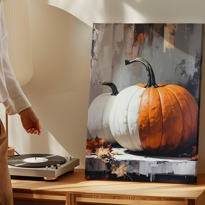 White & Orange Pumpkin Duo Canvas – Neutral Autumn Wall Art - Gifitto
