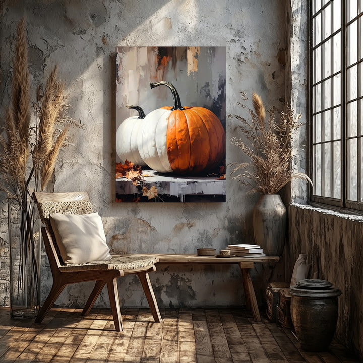 White & Orange Pumpkin Duo Canvas – Neutral Autumn Wall Art - Gifitto