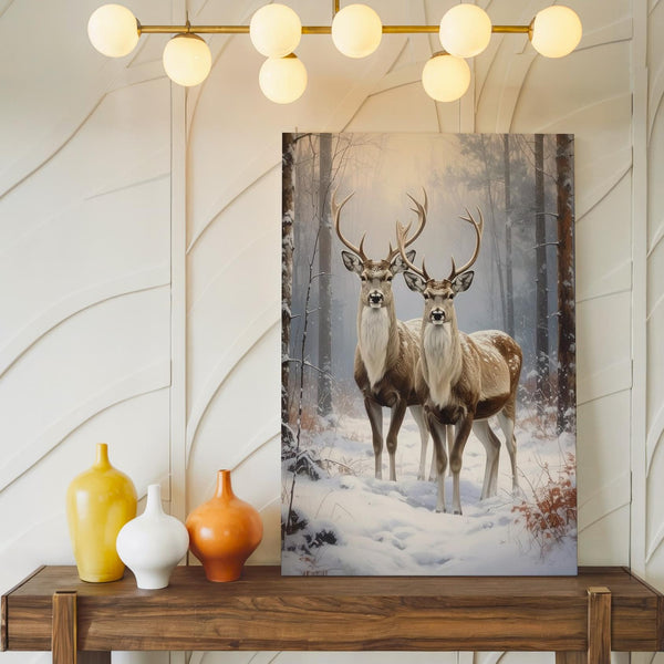 Winter Reindeer Pair Canvas – Snowy Forest Elegance Christmas Wall Art - Gifitto