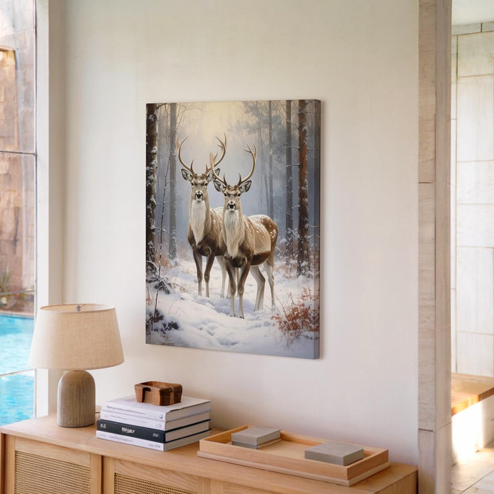 Winter Reindeer Pair Canvas – Snowy Forest Elegance Christmas Wall Art - Gifitto