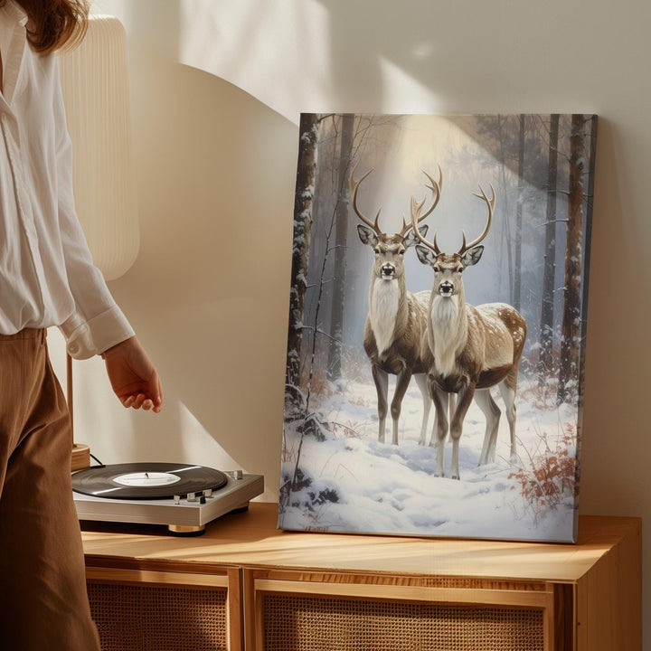 Winter Reindeer Pair Canvas – Snowy Forest Elegance Christmas Wall Art - Gifitto