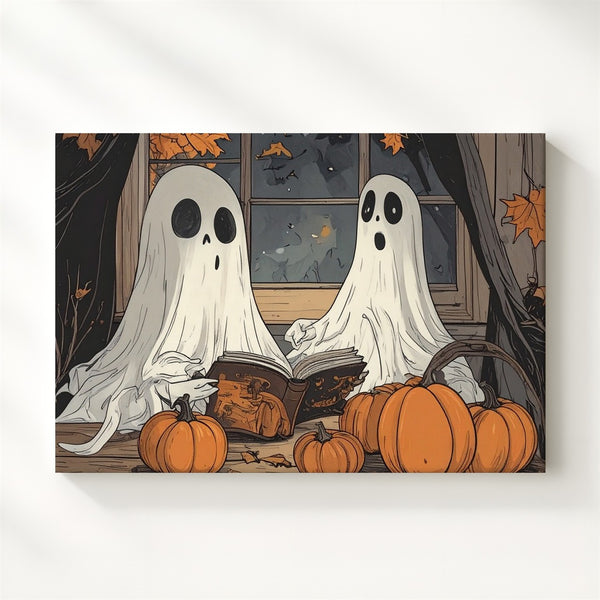Cozy Ghosts & Pumpkins Table Canvas – Autumn Storytelling Halloween Art - Gifitto