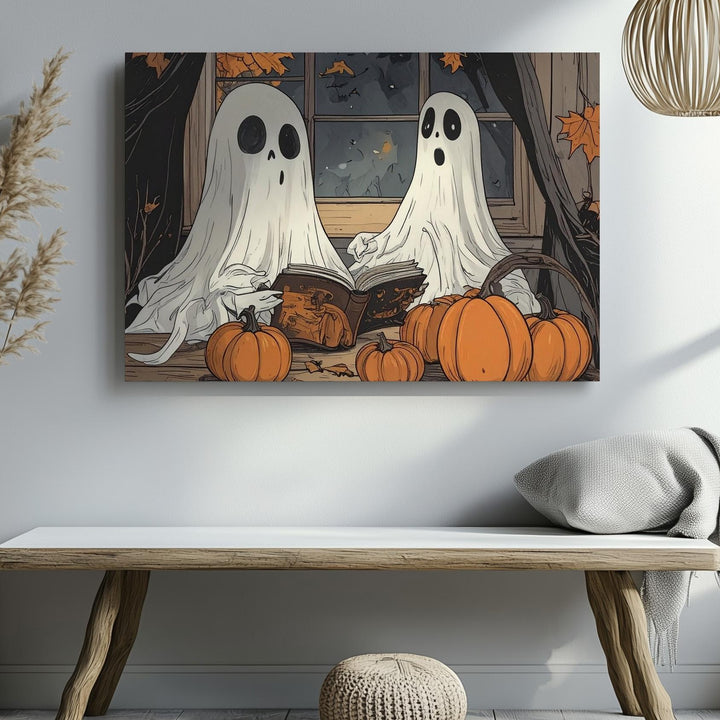 Cozy Ghosts & Pumpkins Table Canvas – Autumn Storytelling Halloween Art - Gifitto