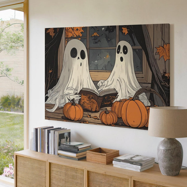 Cozy Ghosts & Pumpkins Table Canvas – Autumn Storytelling Halloween Art - Gifitto