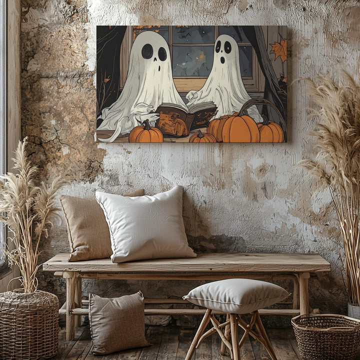 Cozy Ghosts & Pumpkins Table Canvas – Autumn Storytelling Halloween Art - Gifitto