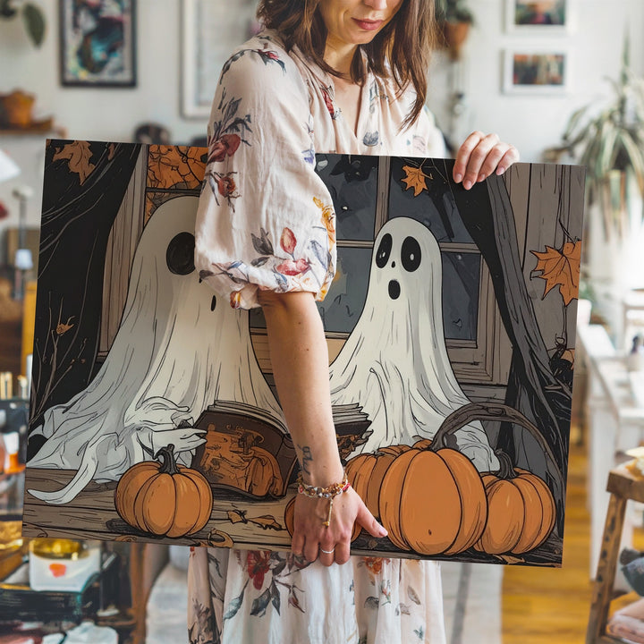 Cozy Ghosts & Pumpkins Table Canvas – Autumn Storytelling Halloween Art - Gifitto