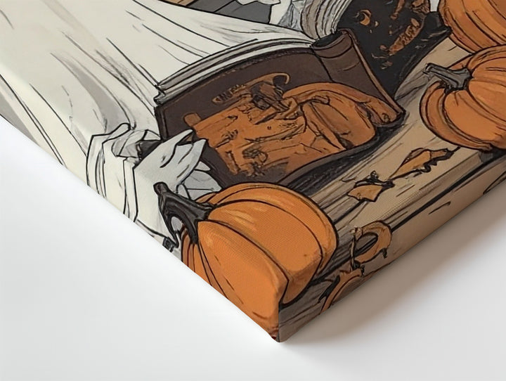 Cozy Ghosts & Pumpkins Table Canvas – Autumn Storytelling Halloween Art - Gifitto