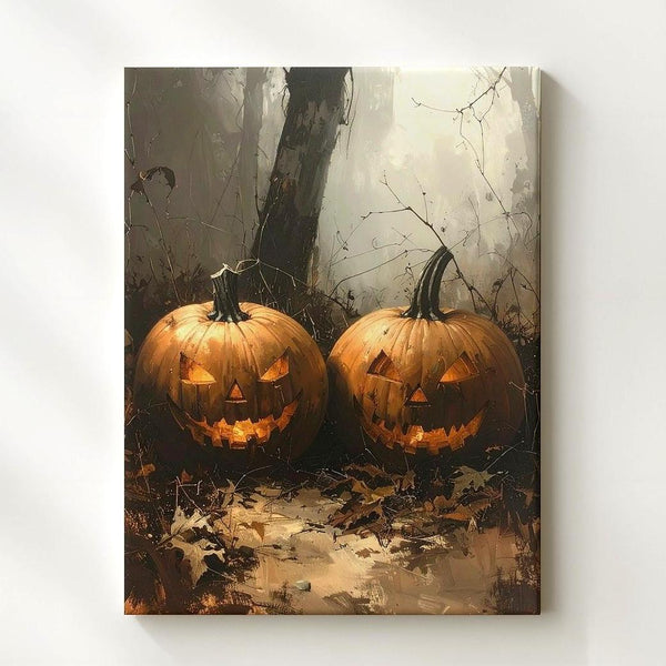 Sinister Jack-O'-Lantern Duo Canvas – Dark Forest Halloween Pumpkin Art - Gifitto