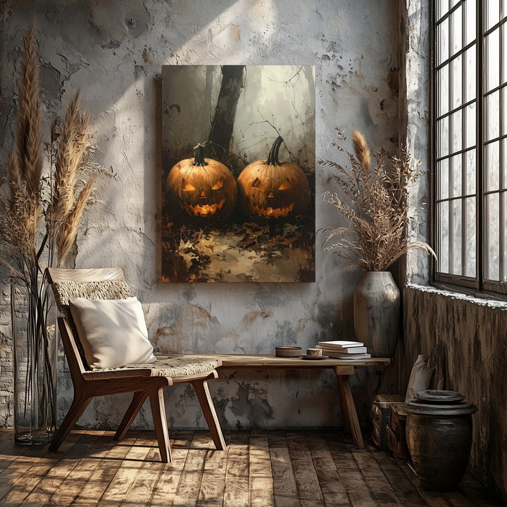 Sinister Jack-O'-Lantern Duo Canvas – Dark Forest Halloween Pumpkin Art - Gifitto