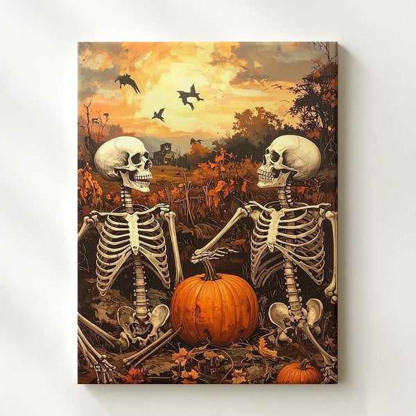 Skeletal Companions in Pumpkin Patch – Playful Halloween Canvas Art - Gifitto