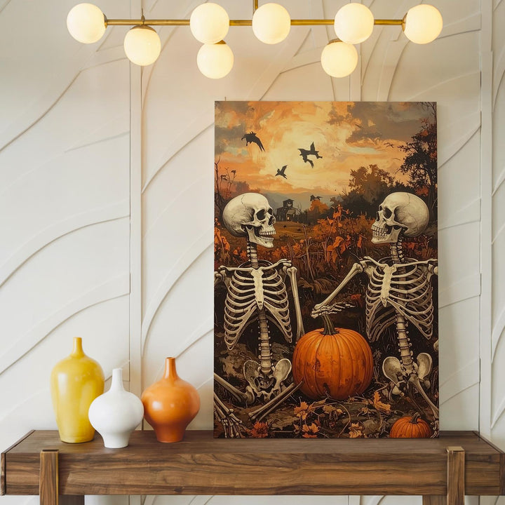 Skeletal Companions in Pumpkin Patch – Playful Halloween Canvas Art - Gifitto