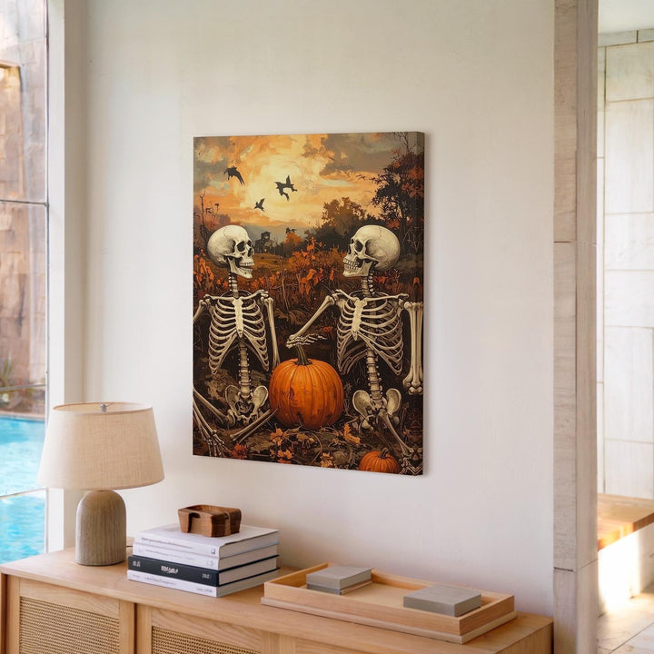 Skeletal Companions in Pumpkin Patch – Playful Halloween Canvas Art - Gifitto