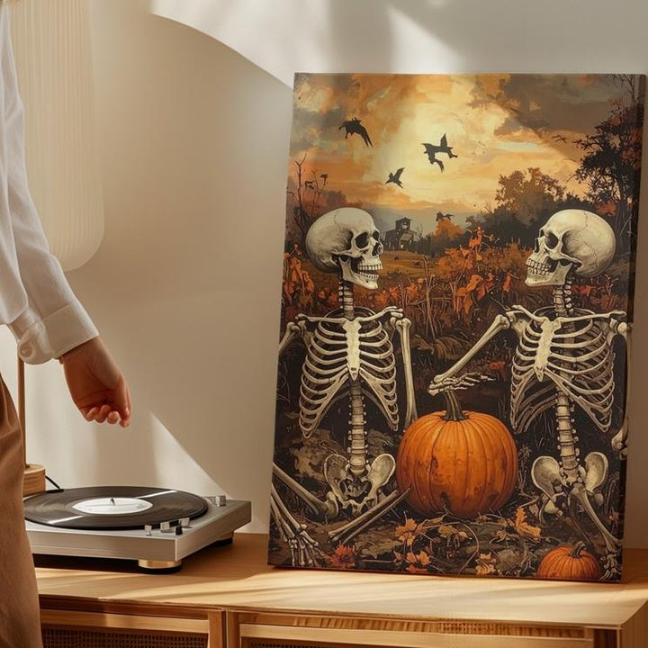 Skeletal Companions in Pumpkin Patch – Playful Halloween Canvas Art - Gifitto