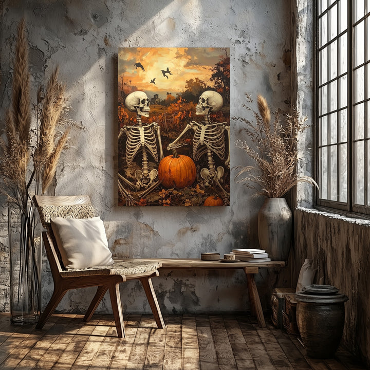 Skeletal Companions in Pumpkin Patch – Playful Halloween Canvas Art - Gifitto