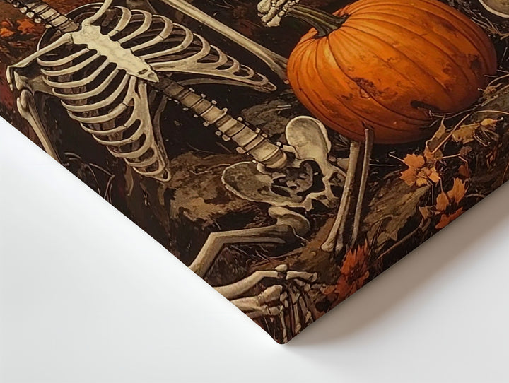 Skeletal Companions in Pumpkin Patch – Playful Halloween Canvas Art - Gifitto