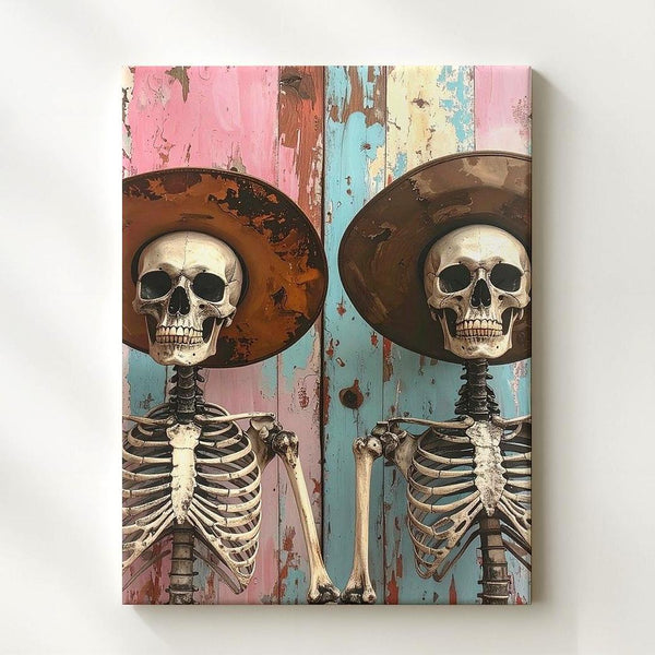 Whimsical Skeleton Friends Canvas – Surreal Western Hat Duo Wall Art - Gifitto