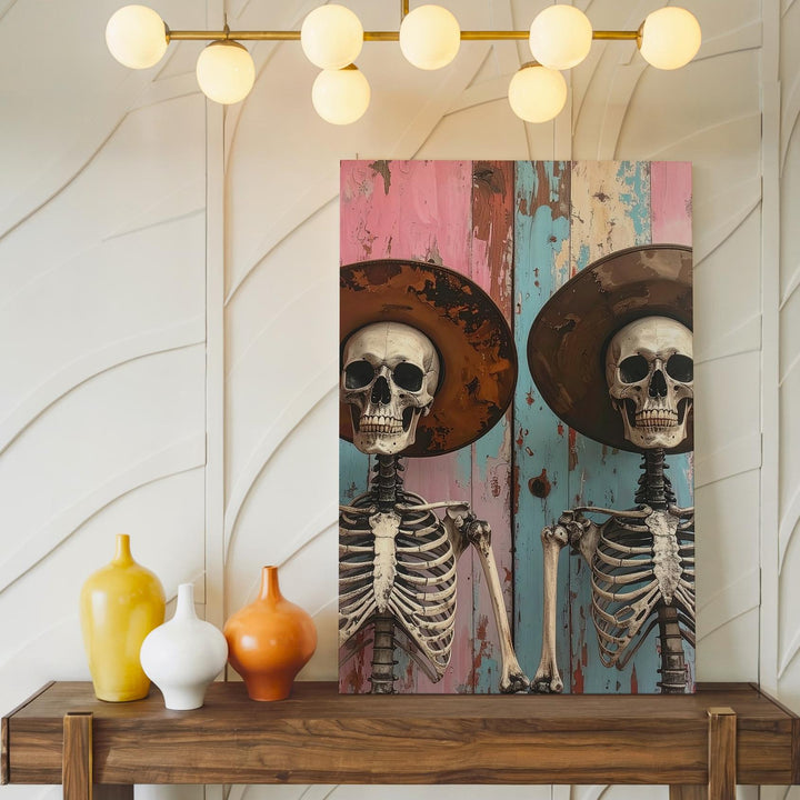 Whimsical Skeleton Friends Canvas – Surreal Western Hat Duo Wall Art - Gifitto