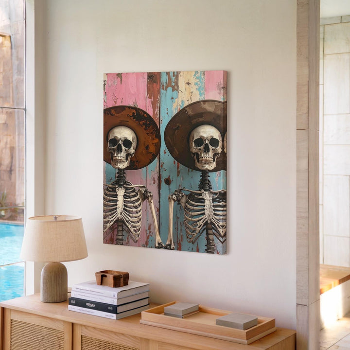 Whimsical Skeleton Friends Canvas – Surreal Western Hat Duo Wall Art - Gifitto