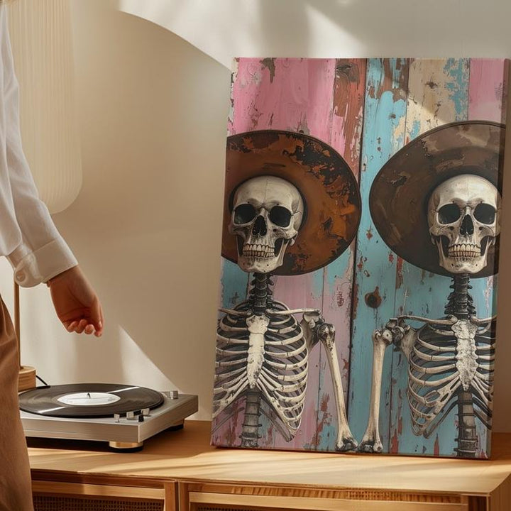 Whimsical Skeleton Friends Canvas – Surreal Western Hat Duo Wall Art - Gifitto