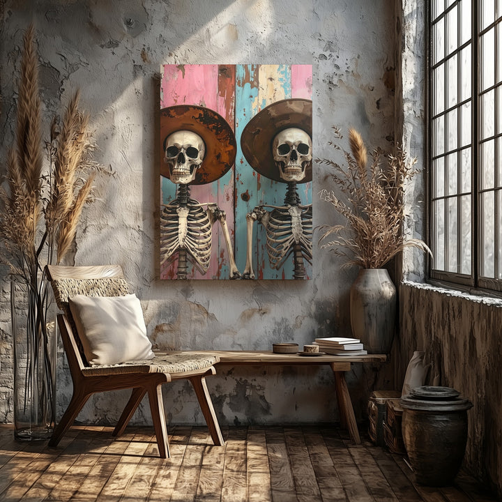 Whimsical Skeleton Friends Canvas – Surreal Western Hat Duo Wall Art - Gifitto