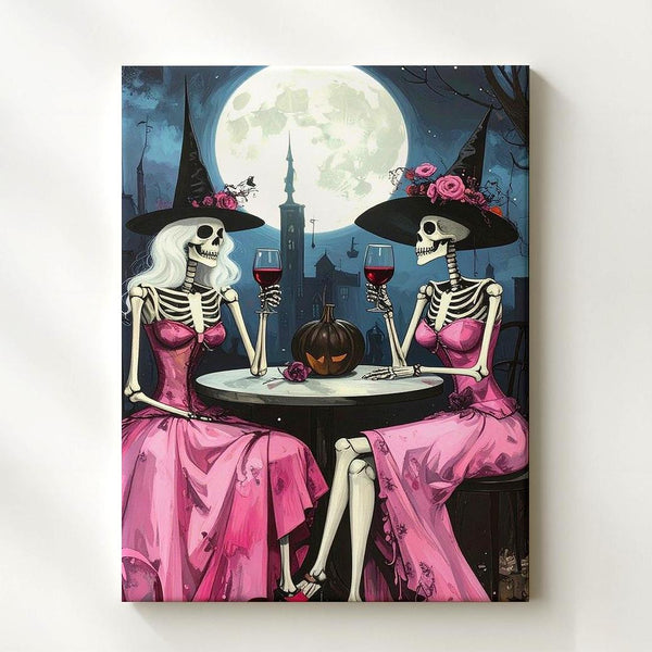 Moonlit Skeleton Witches Canvas – Pink Dress Halloween Wine Art - Gifitto