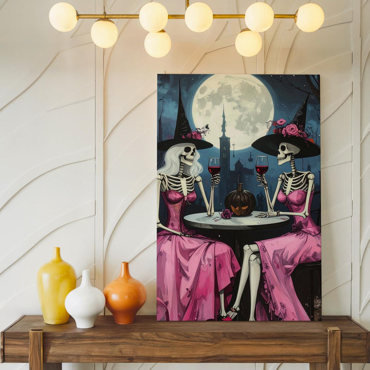Moonlit Skeleton Witches Canvas – Pink Dress Halloween Wine Art - Gifitto