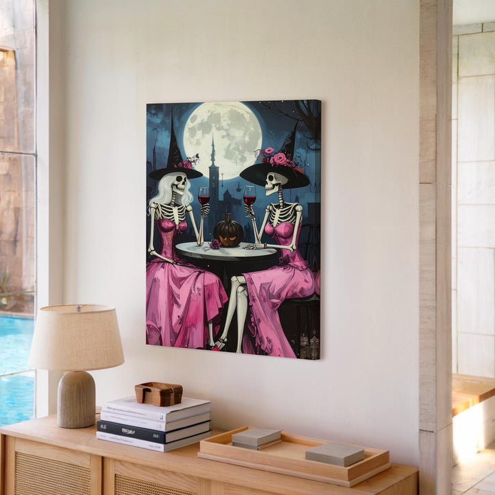 Moonlit Skeleton Witches Canvas – Pink Dress Halloween Wine Art - Gifitto