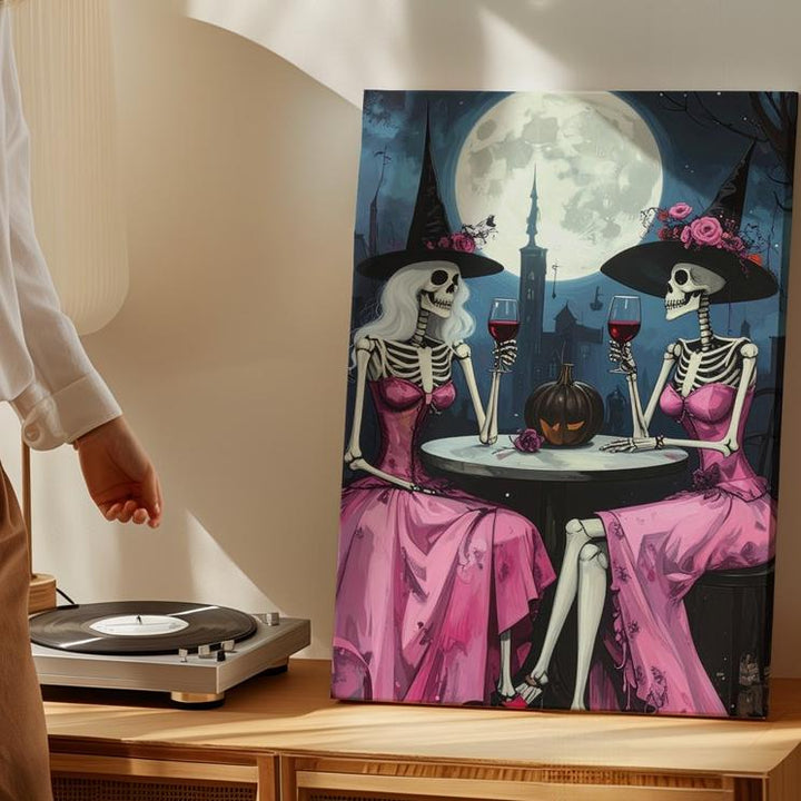 Moonlit Skeleton Witches Canvas – Pink Dress Halloween Wine Art - Gifitto