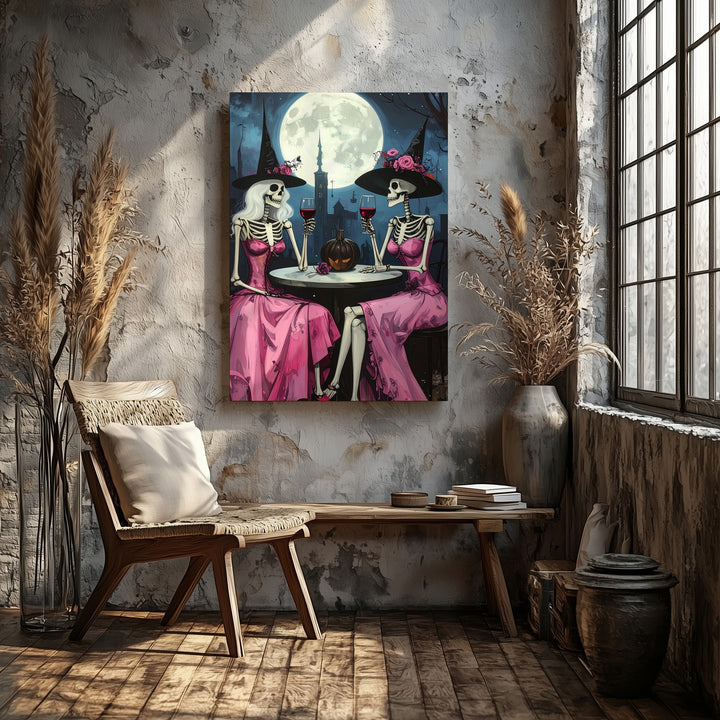 Moonlit Skeleton Witches Canvas – Pink Dress Halloween Wine Art - Gifitto