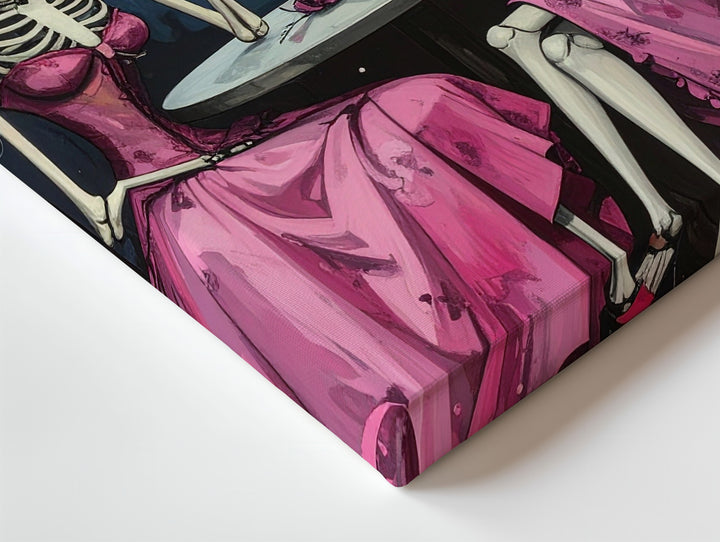 Moonlit Skeleton Witches Canvas – Pink Dress Halloween Wine Art - Gifitto