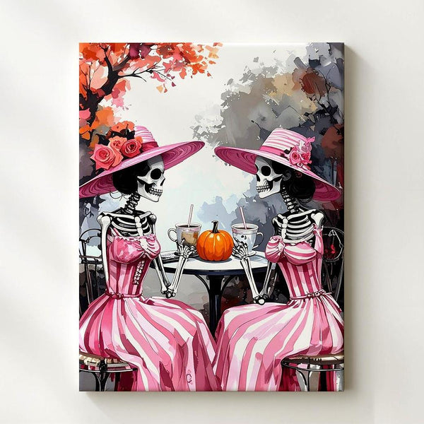 Skeleton Tea Party Canvas – Pink Striped Halloween Ladies Outdoor Art - Gifitto