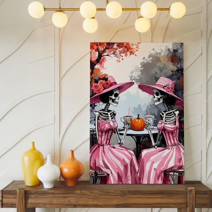 Skeleton Tea Party Canvas – Pink Striped Halloween Ladies Outdoor Art - Gifitto