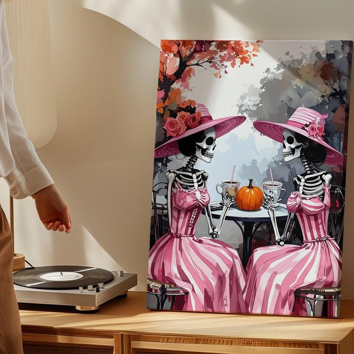 Skeleton Tea Party Canvas – Pink Striped Halloween Ladies Outdoor Art - Gifitto
