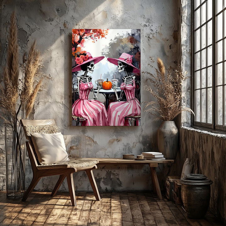 Skeleton Tea Party Canvas – Pink Striped Halloween Ladies Outdoor Art - Gifitto