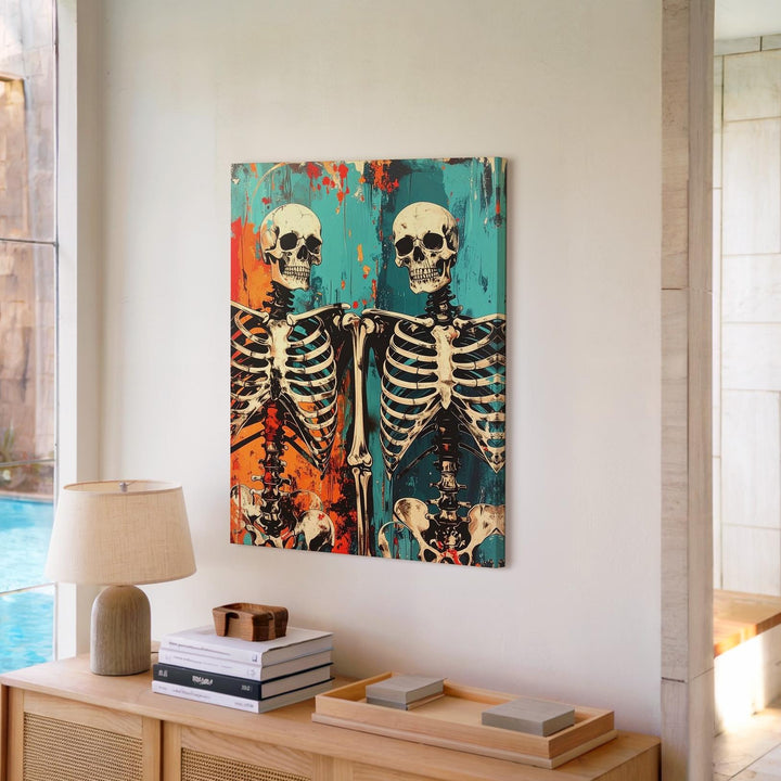 Skeleton Friends Canvas – Grunge Halloween Wall Art with Dark Humor - Gifitto