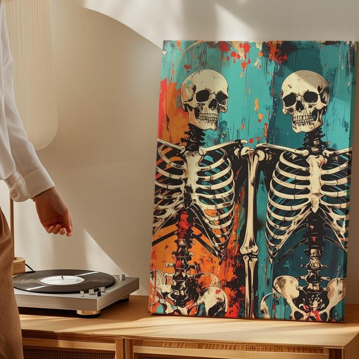Skeleton Friends Canvas – Grunge Halloween Wall Art with Dark Humor - Gifitto