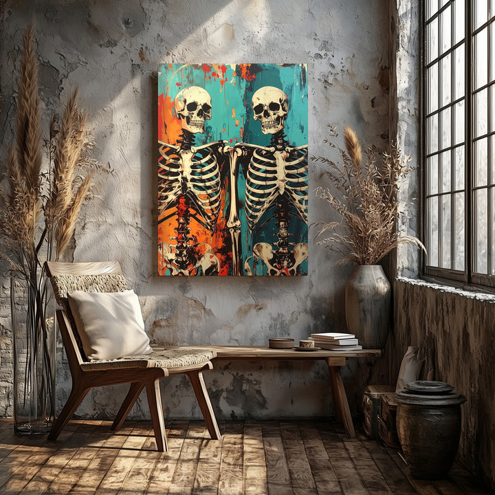Skeleton Friends Canvas – Grunge Halloween Wall Art with Dark Humor - Gifitto