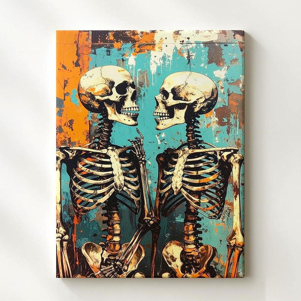 Chatting Skeletons Canvas – Urban Grunge Halloween Conversation Art - Gifitto
