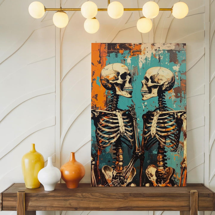 Chatting Skeletons Canvas – Urban Grunge Halloween Conversation Art - Gifitto
