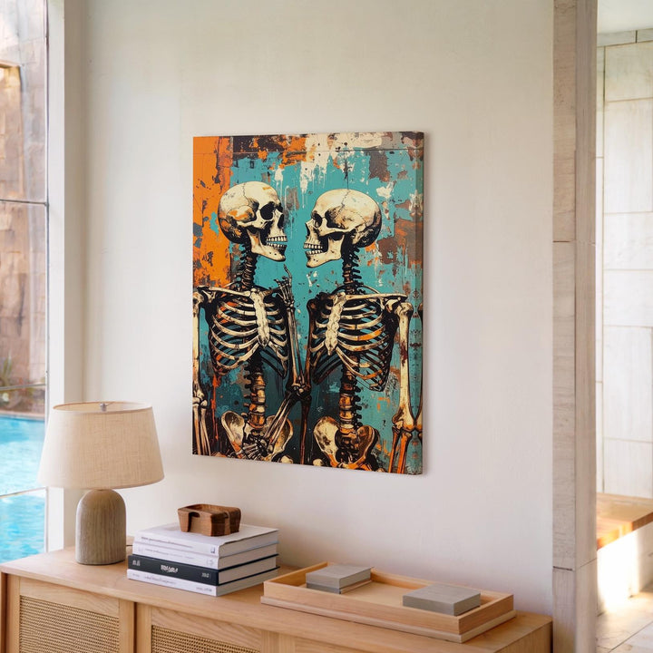 Chatting Skeletons Canvas – Urban Grunge Halloween Conversation Art - Gifitto