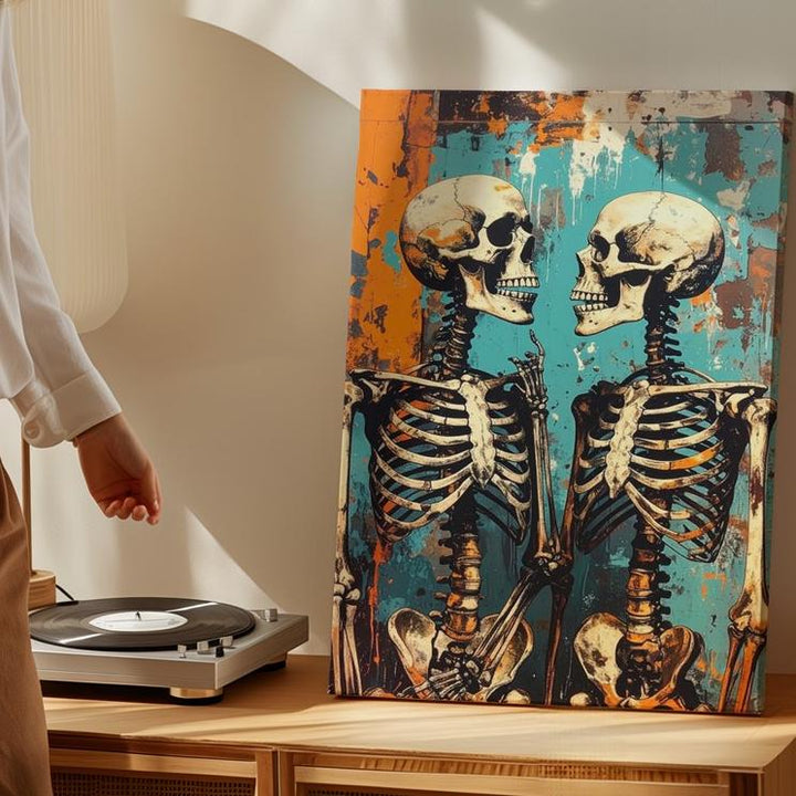 Chatting Skeletons Canvas – Urban Grunge Halloween Conversation Art - Gifitto
