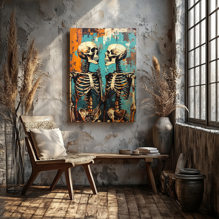 Chatting Skeletons Canvas – Urban Grunge Halloween Conversation Art - Gifitto