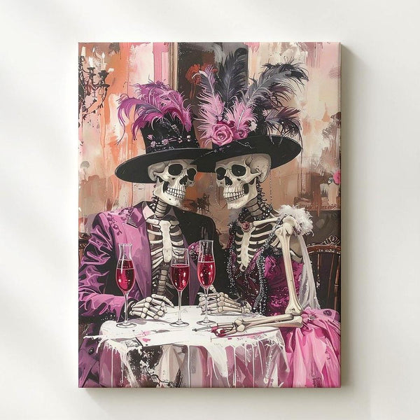 Vintage Skeleton Party Canvas – Feathery Hats & Halloween Celebration Art - Gifitto