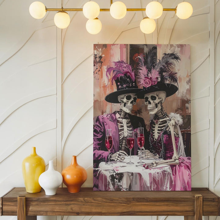 Vintage Skeleton Party Canvas – Feathery Hats & Halloween Celebration Art - Gifitto