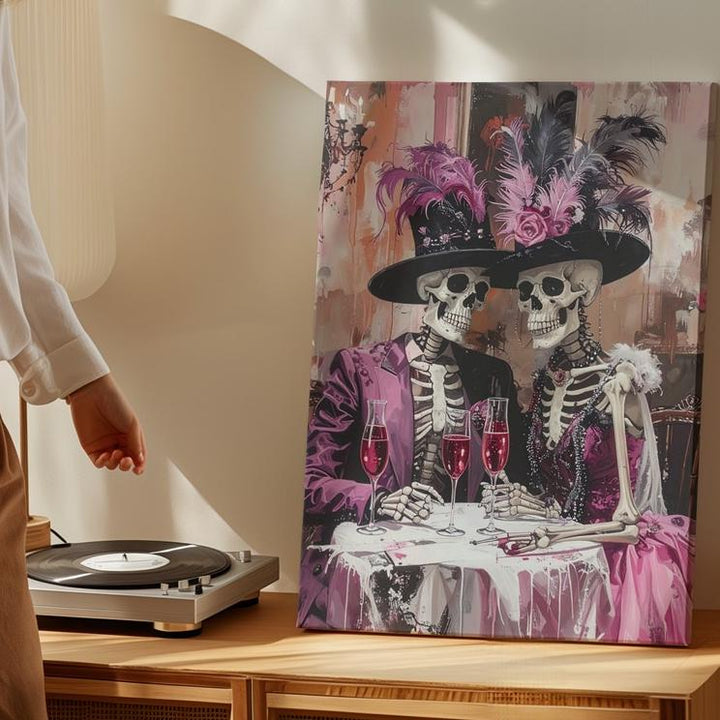 Vintage Skeleton Party Canvas – Feathery Hats & Halloween Celebration Art - Gifitto