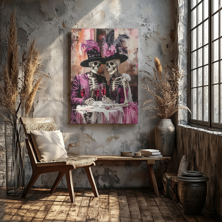 Vintage Skeleton Party Canvas – Feathery Hats & Halloween Celebration Art - Gifitto