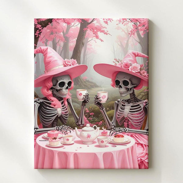 Skeleton Tea Party Canvas – Pink Witch Hat Halloween Art in Pastel Woodland - Gifitto