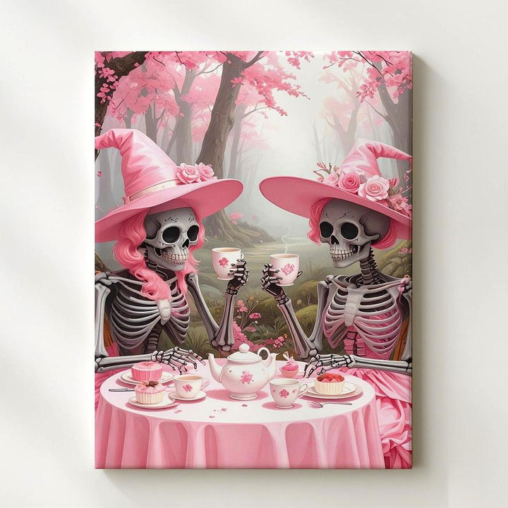 Skeleton Tea Party Canvas – Pink Witch Hat Halloween Art in Pastel Woodland - Gifitto