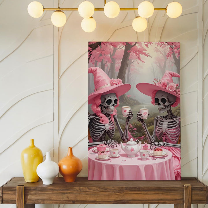 Skeleton Tea Party Canvas – Pink Witch Hat Halloween Art in Pastel Woodland - Gifitto