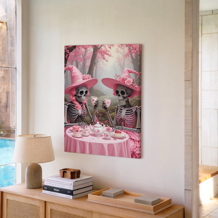 Skeleton Tea Party Canvas – Pink Witch Hat Halloween Art in Pastel Woodland - Gifitto